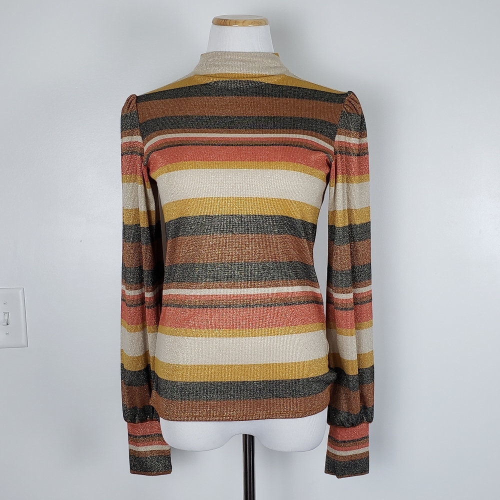 Band of gypsies striped mock neck medium iridescent metallic long sleeve top M